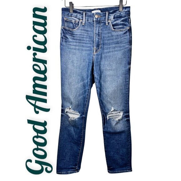 GOOD AMERICAN Good Legs Cigarette High Rise Busted Knee Distressed Jeans, Size 4 - Picture 3 of 13
